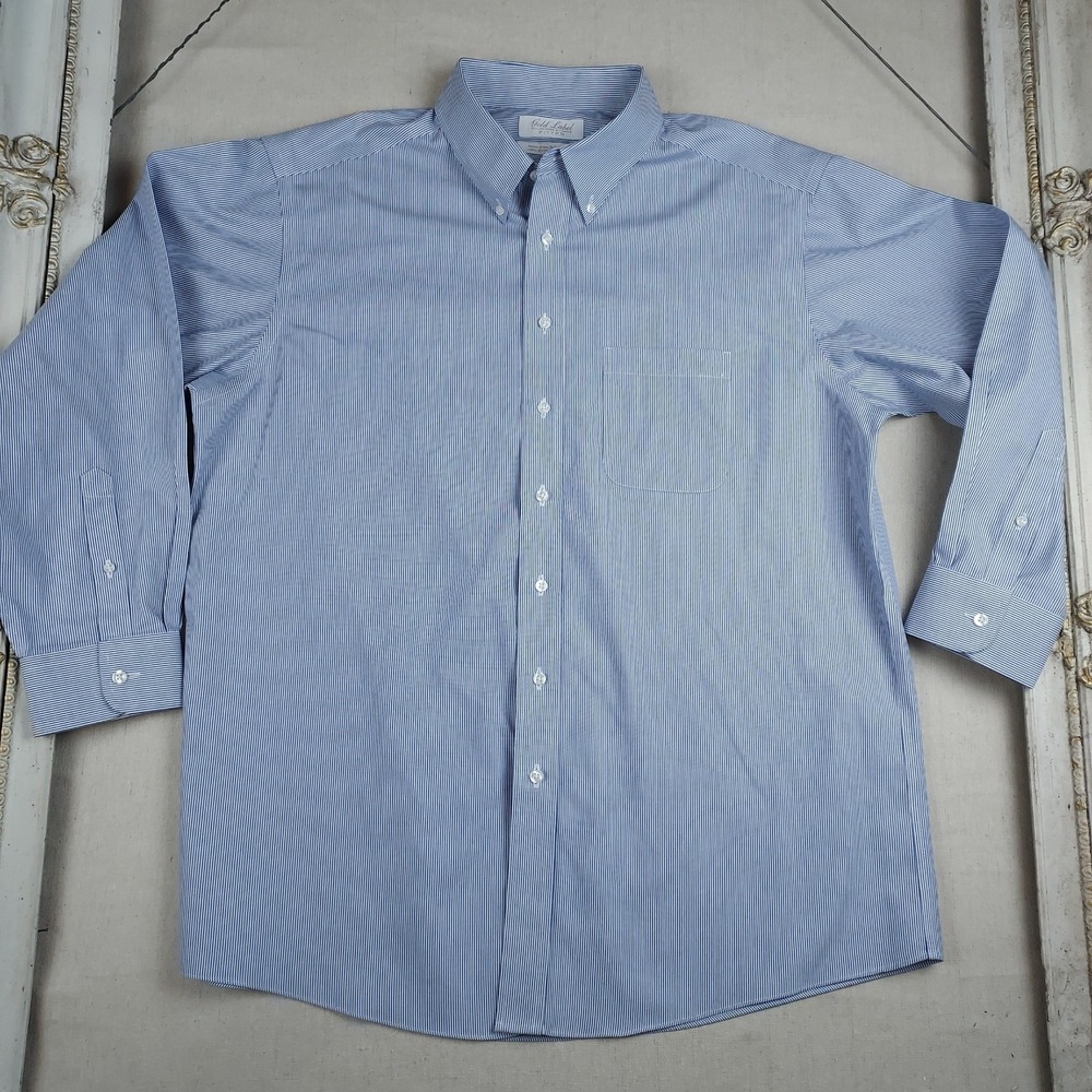 Roundtree & Yorke Gold Label Mens 17.5 34 Blue Stripe Button Down Non Iron Shirt